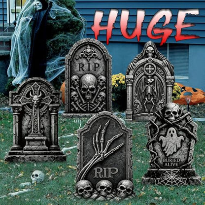 Halloween Tombstone Yard Decorations 5 Pack - Plastic Gravestones with Metal Stakes