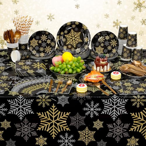 Funnymoom Black Gold Silver Snowflake Christmas Party Supplies - 452 Pcs, Snowflake Theme