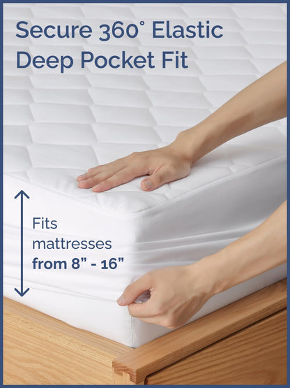 Quilted Fitted Mattress Pad Protector by [Brand Name] - Soft, Breathable Cover for Queen Size Mattresses | Fits 8-16 Inch Deep Pockets - Machine Washable, Easy-Fit Design - White