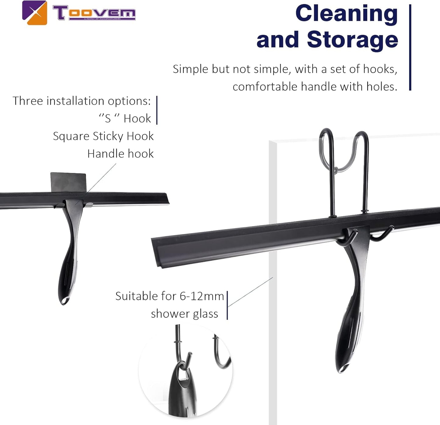 TOOVEM Shower Squeegee - 14'' Glass Door & Window Cleaner | Durable Black Design for Bathrooms & Cars