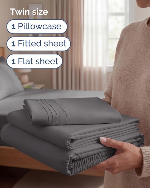 Comfy Twin Size 3-Piece Sheet Set by [Brand Name] - Breathable, Cooling, Ultra-Soft Bedding - Deep Pockets, Wrinkle-Free - Dark Grey