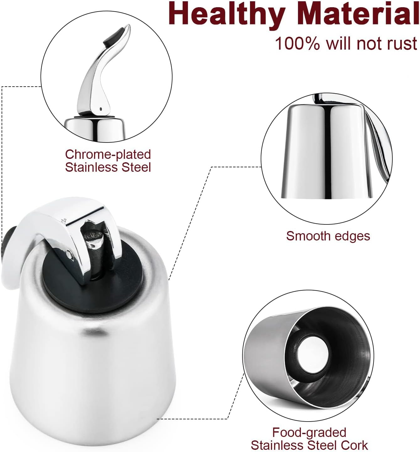 Wine Stoppers for Wine Bottles with Stainless Steel Vacuum Wine Bottle Stopper with Silicone Reusable Wine Corks, Leak proof Keep Fresh Suitable for Red&White Bottle (Silver, 3 Pack)