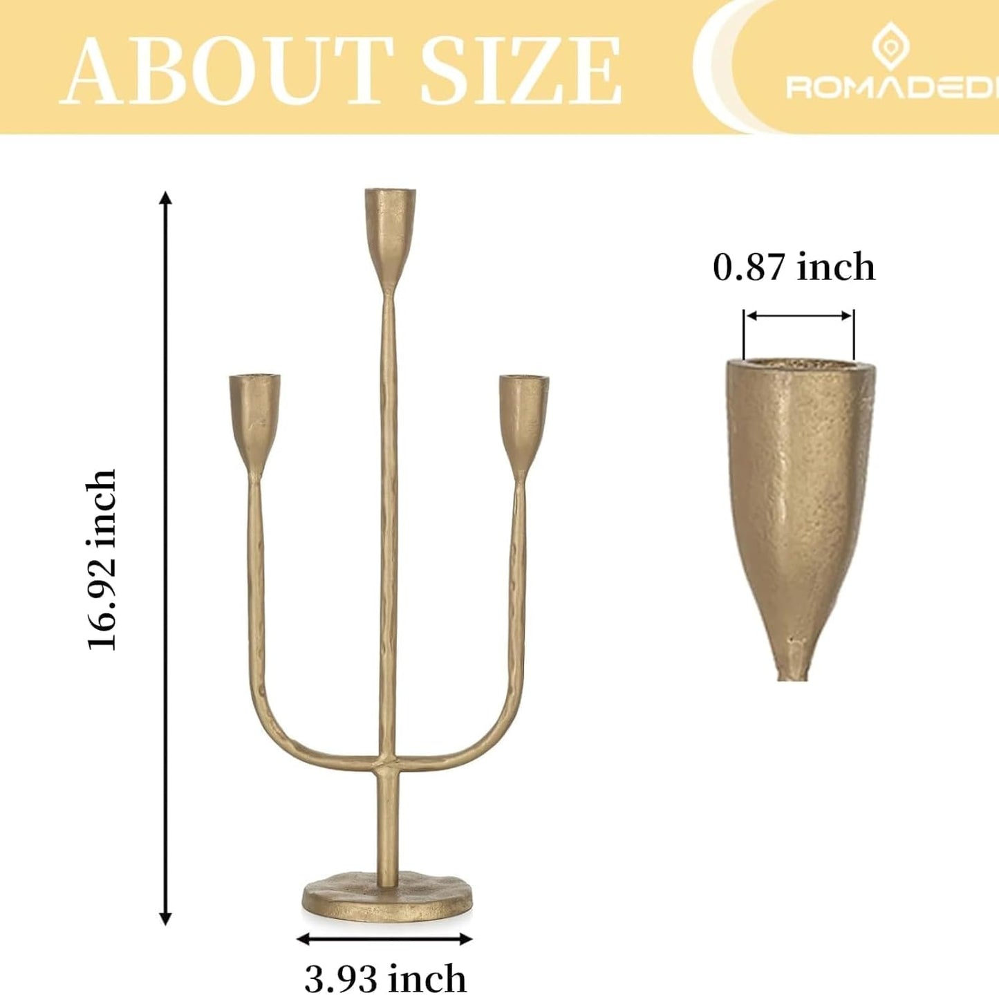 Romadedi Brass Candelabra - Vintage Gold Taper Candle Holders for Elegant Table Centerpieces | Tall Iron Design