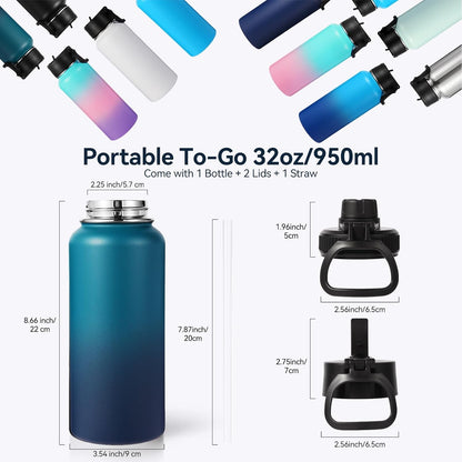 Neihepal 32 Oz Insulated Water Bottle - 18/8 Stainless Steel with Straw & Spout Lids | Dark Night
