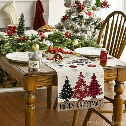 Merry Xmas Pine Tree Table Runner 13x108 Inch Holiday Party Decor - Red