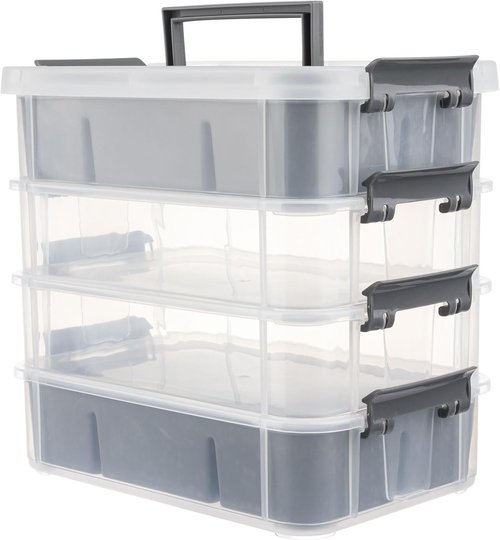 CraftGenes Grey & White Modern Plastic Storage Box - 4-Layer Durable Organizer with 2 Removable Trays for Crafts & Office Supplies