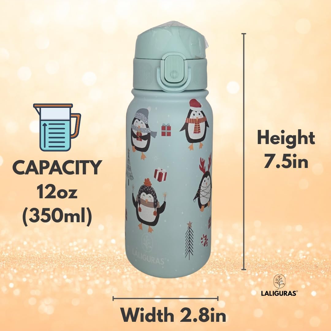 Skiennix Kids Stainless Steel Water Bottle - 12 oz Insulated Thermos with Straw Lid | Leakproof & BPA-Free (Light Blue Arctic Pals)