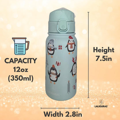 Skiennix Kids Stainless Steel Water Bottle - 12 oz Insulated Thermos with Straw Lid | Leakproof & BPA-Free (Light Blue Arctic Pals)