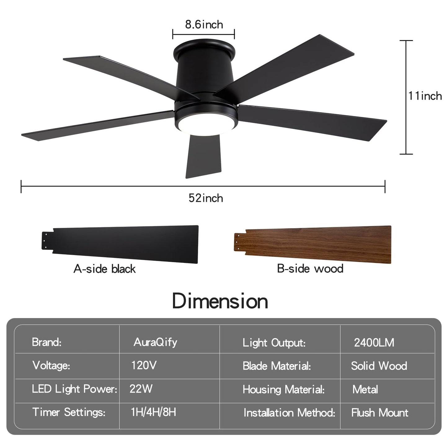 AuraQify 52'' Flush Mount Ceiling Fan, Black Ceiling Fan with Light, Dimmable, Silent 6 Speed DC Reversible Motor with Timer, for Indoor, Courtyard, Porch, Garage, Stores