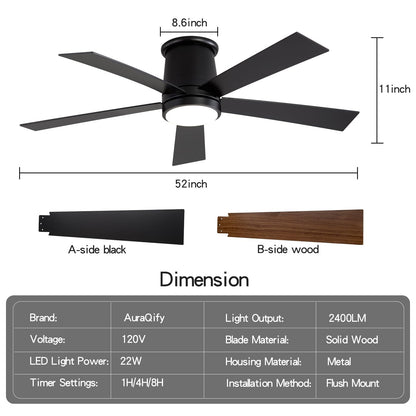 AuraQify 52'' Flush Mount Ceiling Fan, Black Ceiling Fan with Light, Dimmable, Silent 6 Speed DC Reversible Motor with Timer, for Indoor, Courtyard, Porch, Garage, Stores