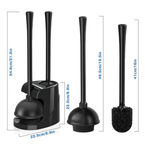 Toilet Plunger and Brush with Holder, Bowl Brush and Heavy Duty Toilet Plunger Set for 5.7-inch Toilet Drain, 2-in-1 Bathroom Cleaning Combo with Modern Caddy Stand (Black)