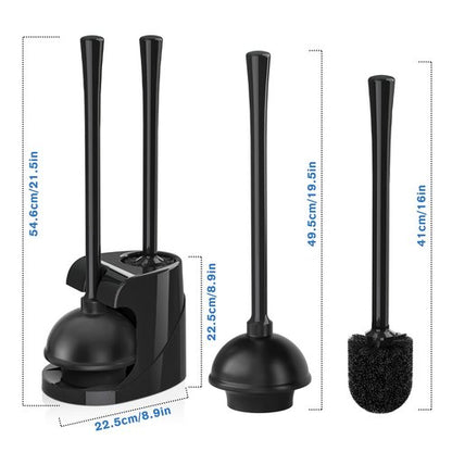 Toilet Plunger and Brush with Holder, Bowl Brush and Heavy Duty Toilet Plunger Set for 5.7-inch Toilet Drain, 2-in-1 Bathroom Cleaning Combo with Modern Caddy Stand (Black)