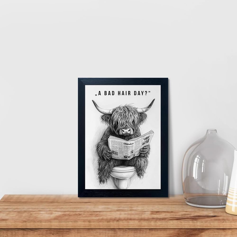 Orvannaatr Highland Cow Wall Art - Humorous Sketch of Cow on Toilet | Fun Bathroom Décor