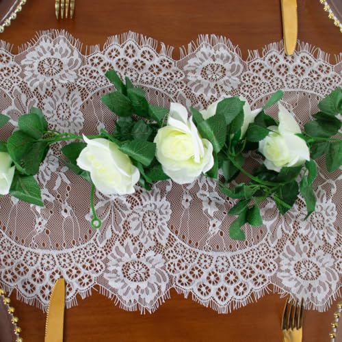 12x120-Inch Off-White Lace Table Runner with Scalloped Edges & Eyelash Trim - Elegant Farmhouse Decor