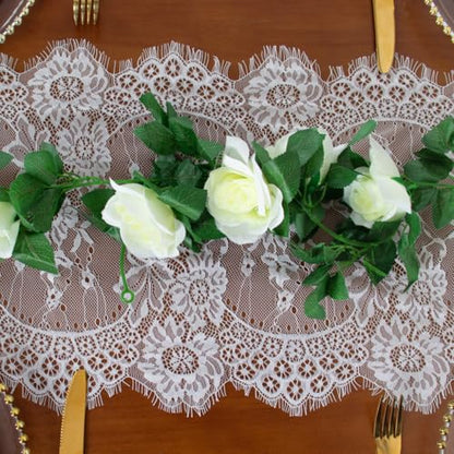 12x120-Inch Off-White Lace Table Runner with Scalloped Edges & Eyelash Trim - Elegant Farmhouse Decor