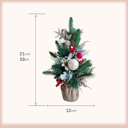 Idyllic 21-Inch Snowy Mini Christmas Tree - Flocked Tabletop Holiday Decor with Red Berries & Cloth Bag Base