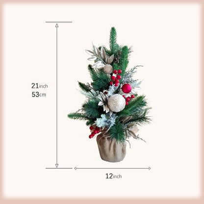 Idyllic 21-Inch Snowy Mini Christmas Tree - Flocked Tabletop Holiday Decor with Red Berries & Cloth Bag Base