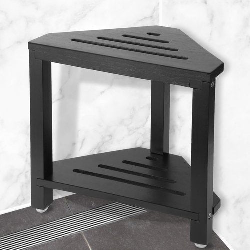 IBosins Corner Shower Stool - Acacia Wood Bath Seat with Storage Shelf | Compact Black Design for Shaving Legs