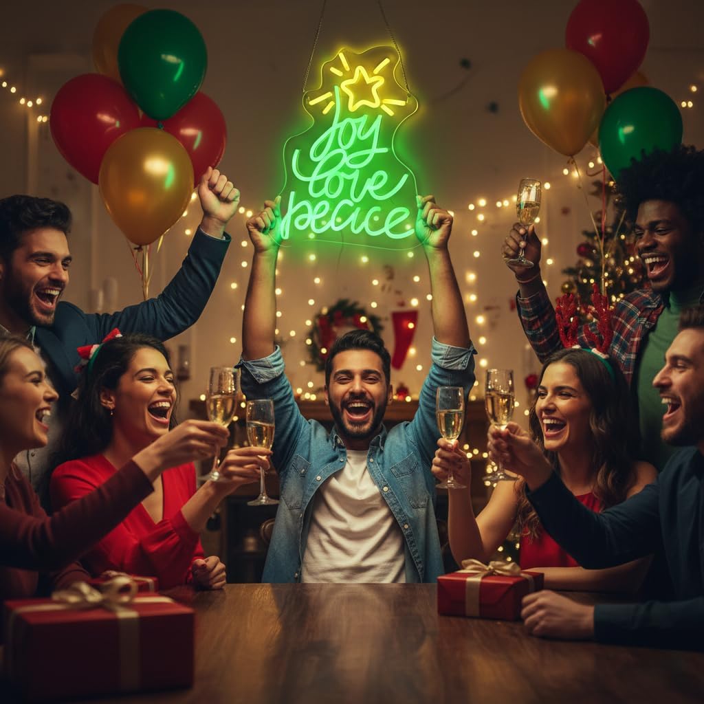 Neon Sign by Christmas Tree - USB Powered LED Light for Wall Decor | Peace, Love, Joy Design
