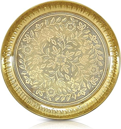 12 Inch Brass Pooja Thali - Handcrafted Indian Worship Plate for Hindu Rituals & Festivals
