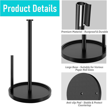 Stainless Steel Paper Towel Holder - Freestanding Design with Anti-Slip Weighted Base | Black