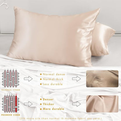 PROMEED 100% Mulberry Silk Pillowcase for Hair and Skin, Both Sides 23 Momme Grade 6A+ Silk Pillow Case with Hidden Zipper, 1400 TC, Soft & Smooth (Standard 20"x26", Champagne)