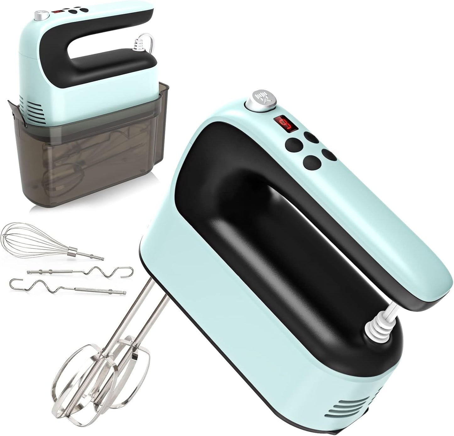 Skiennix 9-Speed Hand Mixer - 400W Powerful Electric Mixer with Snap-On Storage Case & 5 Accessories (Ice Blue/Black)