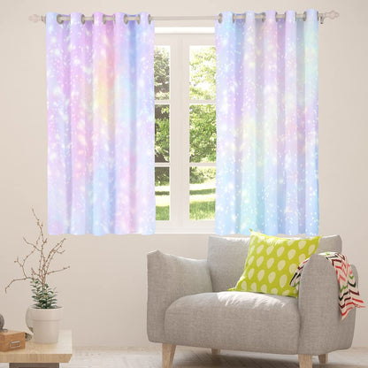 Girls Glitter Darkening Dreapes Kawaii Galaxy Pastel Kids Curtains for Bedroom Living Room Rainbow Comter Blackout Curtains Colorful Glitter Outer Space Window Treatments (2 Panels, 52 x 96 Inch)