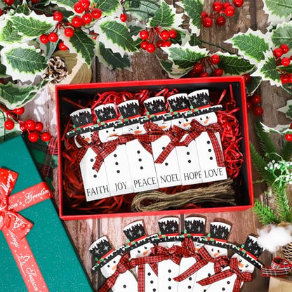 12Pcs Christmas Snowman Ornaments Set - Wooden Holiday Tree Decorations with Plaid Scarves - Farmhouse Winter Decor