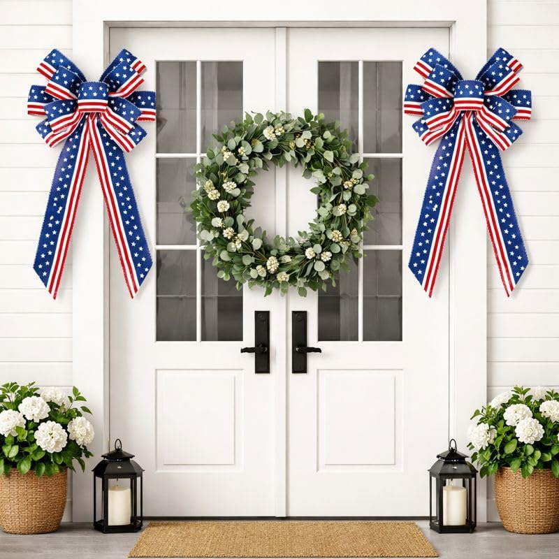 Skiennix Memorial Day Decorations - Patriotic Stripe Stars Wreath Bow for Front Door | Red, White & Blue Decor