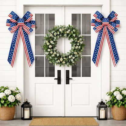 Skiennix Memorial Day Decorations - Patriotic Stripe Stars Wreath Bow for Front Door | Red, White & Blue Decor