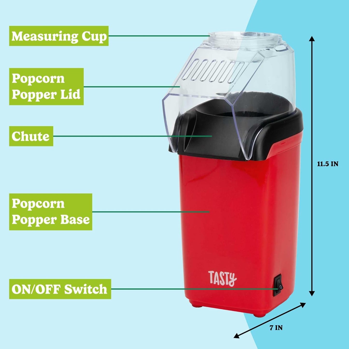Tasty Hot Air Popcorn Popper - Healthy, Quick Popcorn Maker with Measuring Cup & Butter Warmer | 8 Cups, Red