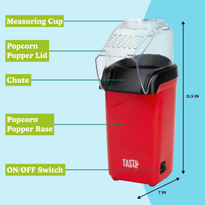 Tasty Hot Air Popcorn Popper - Healthy, Delicious Popcorn in Minutes | Built-In Measuring Cup & Butter Warmer, 8 Cups, Red