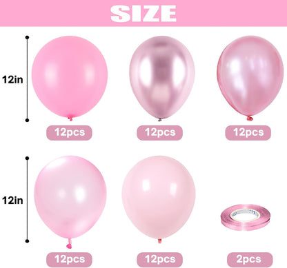 Skiennix Pink Balloons Set - 60 Pack 12 Inch Metallic Chrome & Pearl Shades for Birthday & Baby Shower Decor