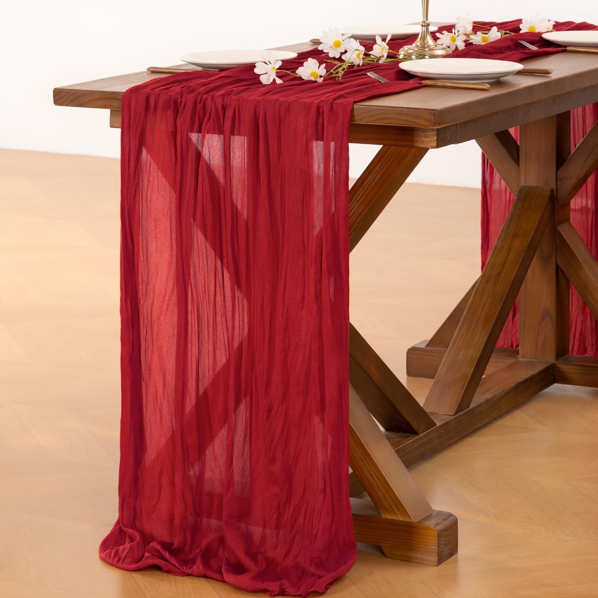 Socomi Cheesecloth Table Runner - 3pcs Red Boho Rustic Gauze | 120 Inch for Weddings & Events