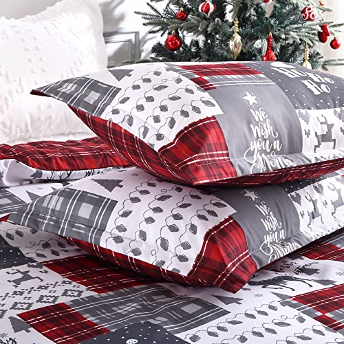 Christmas Reversible Queen Duvet Cover Set - Grey Checkered & Red Plaid