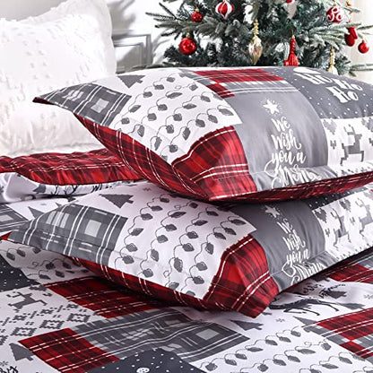 Christmas Reversible Queen Duvet Cover Set - Grey Checkered & Red Plaid