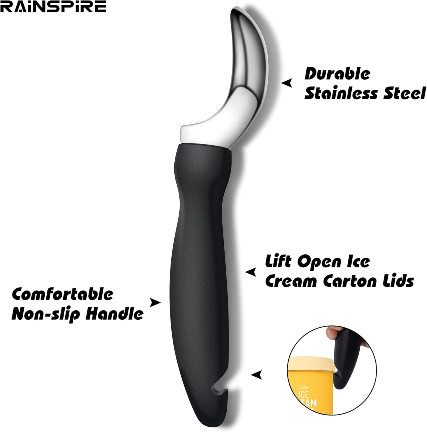Rainspire Ice Cream Scoop - Heavy Duty Stainless Steel with Comfortable Handle | Black Color for Gelato and Sorbet