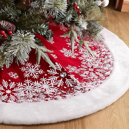 Christmas Tree Skirt 48 Inch Velvet with Faux Fur Snowflakes Holiday Decor