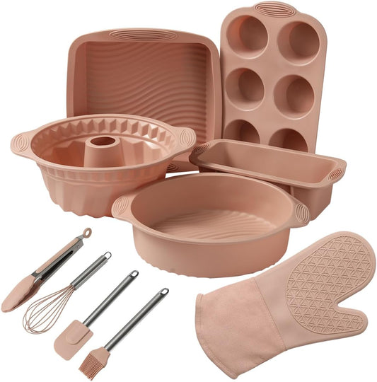 Skiennix 10-in-1 Nonstick Silicone Baking Set - BPA Free Heat Resistant Molds for Muffins, Loaves & More (Pink)