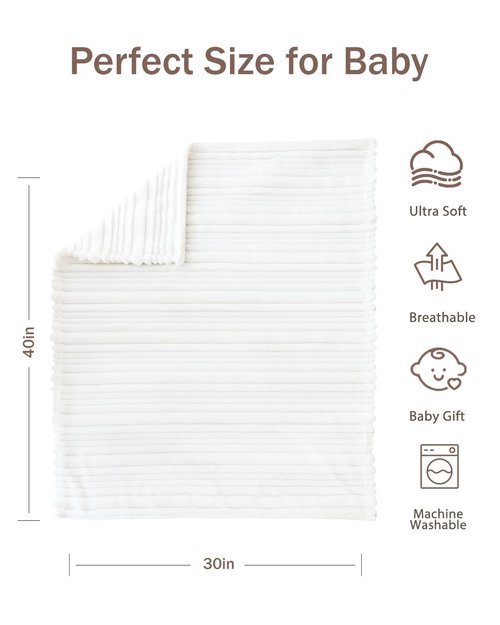 HOMRITAR White Baby Blanket for Boys Girls Super Soft Cozy Lightweight Toddler Blankets with Striped Design, Cute Fluffy Fleece Throws for Nursery Crib, 30 x 40 Inches