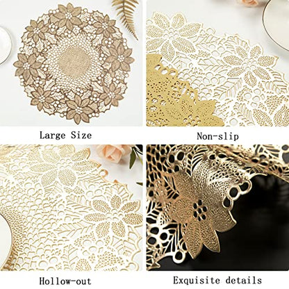 Gold Round Leaf Blooming Placemats Set of 6 - Elegant Table Decor for Dining
