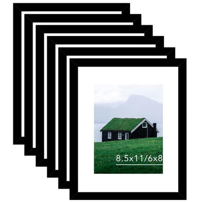 JCJMY 8.5 by 11 Picture Frame Set of 6 with 6x8 Mat for Certificate Document Photo, Display 6x8 with Mat or 8.5x11 without Mat, 8.5 x 11 Frame for Wall or Tabletop, 6 Pack, Black