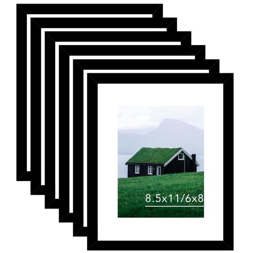 JCJMY 8.5 by 11 Picture Frame Set of 6 with 6x8 Mat for Certificate Document Photo, Display 6x8 with Mat or 8.5x11 without Mat, 8.5 x 11 Frame for Wall or Tabletop, 6 Pack, Black