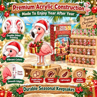 Christmas Flamingo Advent Calendar with 24 Unique 2D Acrylic Figurines - Variation of 1
