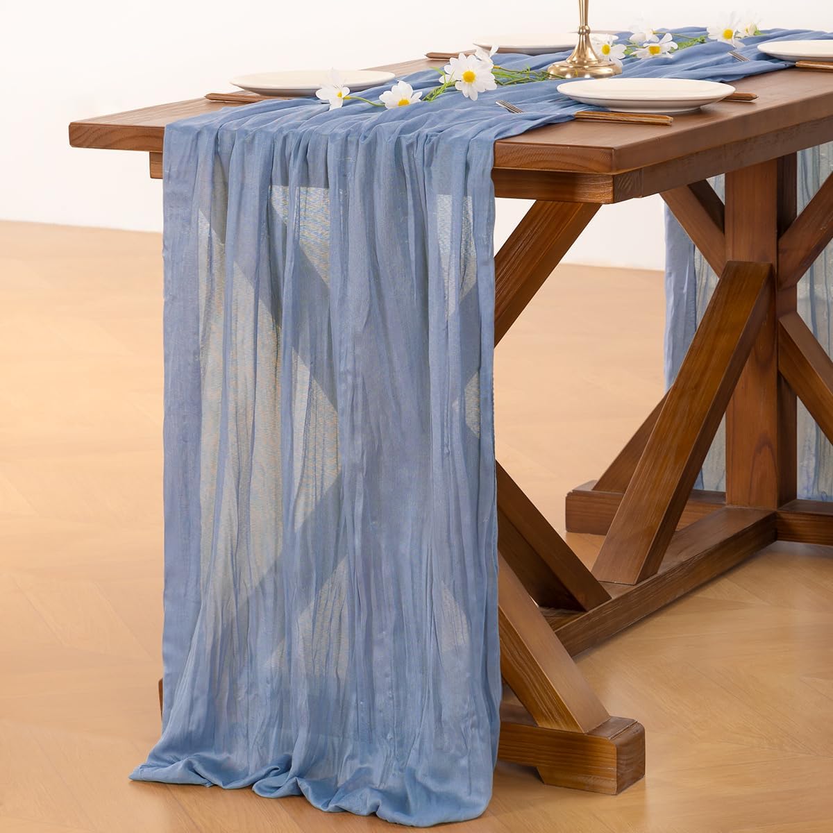 Socomi Cheesecloth Table Runner - Dusty Blue Boho Rustic Sheer 120 Inch for Weddings & Home Decor