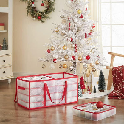 SONGMICS Christmas Ornament Storage Box - Holds 128 3-Inch Balls | 8 Trays, Dual Zippers, Cherry Red
