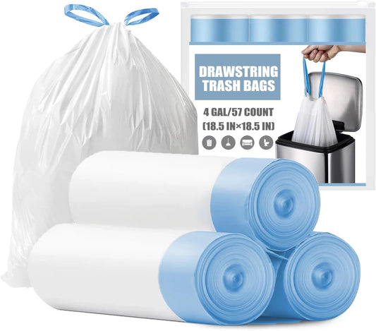 Small Trash Bags - 4 Gallon Drawstring Garbage Bags | Tear-Free, Unscented, 57 Count