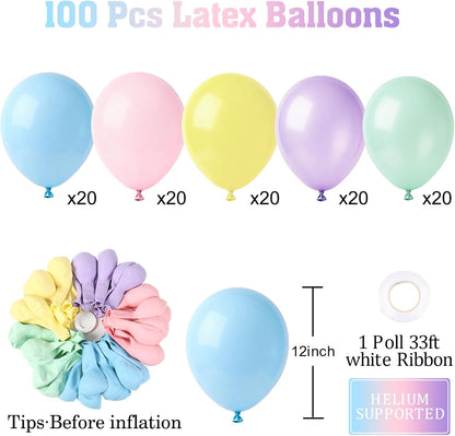 Patimate Pastel Balloons - 100 Pack 12-Inch Round Macaron Color Latex Balloons for Parties & Events