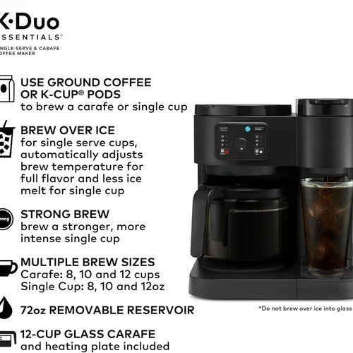 K-Duo Essentials Coffee Maker - Single Serve KCup Pod Brewer & 12-Cup Carafe | 72 oz Reservoir